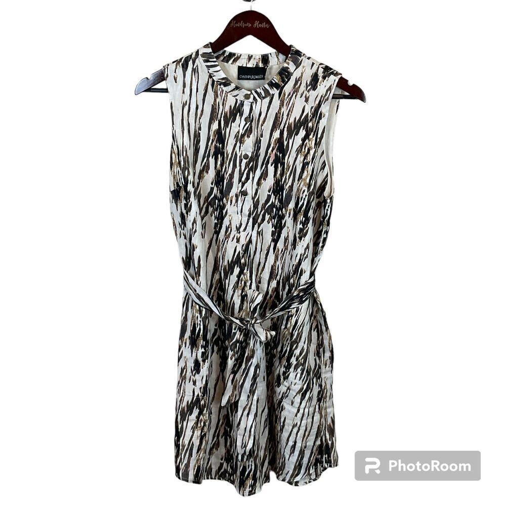 Cynthia Rowley Linen Beige Black Dress 10 Sleeveless Tie Front Animal Print